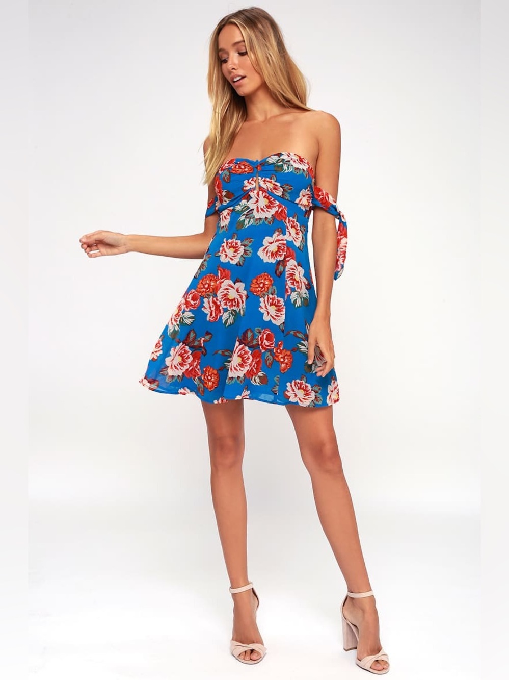 ASTR Courtney Blue Floral Print Off-the-Shoulder Dress Romantic Wedding Guest M